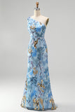 Vestido comprido de baile azul de sereia com missangas com lantejoulas brilhantes de um ombro