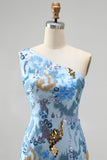 Vestido comprido de baile azul de sereia com missangas com lantejoulas brilhantes de um ombro