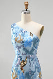 Vestido comprido de baile azul de sereia com missangas com lantejoulas brilhantes de um ombro