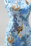Vestido comprido de baile azul de sereia com missangas com lantejoulas brilhantes de um ombro