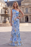 Vestido comprido de baile azul de sereia com missangas com lantejoulas brilhantes de um ombro