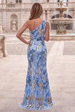 Vestido comprido de baile azul de sereia com missangas com lantejoulas brilhantes de um ombro