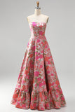 Vestido de baile de finalistas longo sem alças com abertura floral Jacquard A-Line A-Line A-Line Ha e Vestido de Baile Longo Sem Fitas