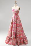 Vestido de baile de finalistas longo sem alças com abertura floral Jacquard A-Line A-Line A-Line Ha e Vestido de Baile Longo Sem Fitas