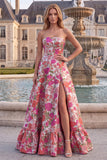 Vestido de baile de finalistas longo sem alças com abertura floral Jacquard A-Line A-Line A-Line Ha e Vestido de Baile Longo Sem Fitas
