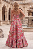 Vestido de baile de finalistas longo sem alças com abertura floral Jacquard A-Line A-Line A-Line Ha e Vestido de Baile Longo Sem Fitas
