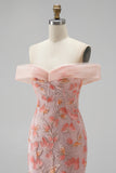 Rosa Missangas Ombro a Ombro Floral Longo Vestido de Baile