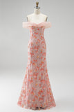 Rosa Missangas Ombro a Ombro Floral Longo Vestido de Baile
