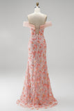 Rosa Missangas Ombro a Ombro Floral Longo Vestido de Baile