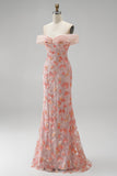 Rosa Missangas Ombro a Ombro Floral Longo Vestido de Baile