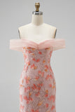 Rosa Missangas Ombro a Ombro Floral Longo Vestido de Baile