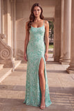 Vestido de baile longo com bordado floral verde menta com alças finas e vestido de finalista longo com fenda