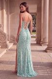 Vestido de baile longo com bordado floral verde menta com alças finas e vestido de finalista longo com fenda