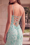 Vestido de baile longo com bordado floral verde menta com alças finas e vestido de finalista longo com fenda