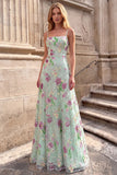 Vestido de baile de finalistas com alças finas verde claro com lantejoulas florais em linha A