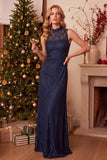 Vestido de Convidado de Noiva Longo, Renda Azul Escuro e Azul Escuro