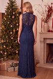 Vestido de Convidado de Noiva Longo, Renda Azul Escuro e Azul Escuro