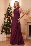 Vestido Longo de Convidado de Noiva Borgonha Linha A de Renda Alta em Chiffon