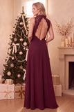 Vestido Longo de Convidado de Noiva Borgonha Linha A de Renda Alta em Chiffon