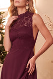 Vestido Longo de Convidado de Noiva Borgonha Linha A de Renda Alta em Chiffon