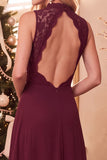 Vestido Longo de Convidado de Noiva Borgonha Linha A de Renda Alta em Chiffon