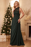 Vestido Longo de Convidado de Noiva Borgonha Linha A de Renda Alta em Chiffon