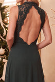 Vestido Longo de Convidado de Noiva Borgonha Linha A de Renda Alta em Chiffon