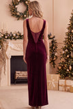 Vestido longo de festa de Natal em veludo de veludo bordô com decote batário em renda