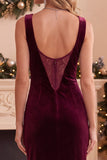 Vestido longo de festa de Natal em veludo de veludo bordô com decote batário em renda