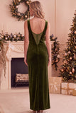 Vestido longo de festa de Natal em veludo de veludo bordô com decote batário em renda