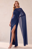 Vestido de Convidado de Noiva com Capa de Chiffon de Capa de Um Ombro
