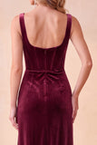 Vestido longo de festa de Natal com Espartilho Borgonha, veludo de veludo, decote quadrado, franzido, com bolsos