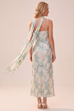Vestido de convidado de casamento com alças finas estampadas em verde claro e bolsos