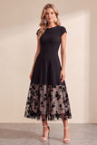 Vestido de Convidado de Casamento Midi em Tule Preto, Decote Redondo, Linha A