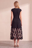 Vestido de Convidado de Casamento Midi em Tule Preto, Decote Redondo, Linha A