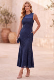 Vestido Midi de Casamento de Renda de Sereia Azul Escuro Sem Mangas e Bolsos