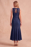 Vestido Midi de Casamento de Renda de Sereia Azul Escuro Sem Mangas e Bolsos