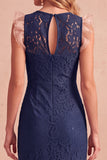 Vestido Midi de Casamento de Renda de Sereia Azul Escuro Sem Mangas e Bolsos
