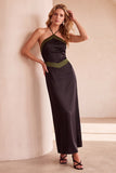 Vestido de Convidado de Casamento Maxi de Cetim em Cabeçada Preto e Verde