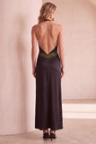 Vestido de Convidado de Casamento Maxi de Cetim em Cabeçada Preto e Verde