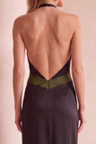 Vestido de Convidado de Casamento Maxi de Cetim em Cabeçada Preto e Verde