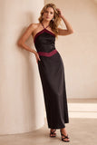 Vestido de Convidado de Casamento Maxi de Cetim em Cabeçada Preto e Verde