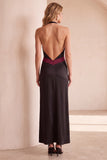 Vestido de Convidado de Casamento Maxi de Cetim em Cabeçada Preto e Verde