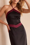 Vestido de Convidado de Casamento Maxi de Cetim em Cabeçada Preto e Verde