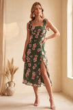 Vestido de Convidados de Noiva Midi Verde Linha A com Decote Quadrado e Estampado Floral com Fenda