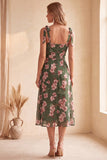 Vestido de Convidados de Noiva Midi Verde Linha A com Decote Quadrado e Estampado Floral com Fenda