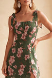 Vestido de Convidados de Noiva Midi Verde Linha A com Decote Quadrado e Estampado Floral com Fenda