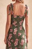 Vestido de Convidados de Noiva Midi Verde Linha A com Decote Quadrado e Estampado Floral com Fenda