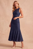 Vestido Midi de Convidado de Noiva Azul Escuro, Sereia Azul Escura com Folhos e Renda