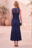Vestido Midi de Convidado de Noiva Azul Escuro, Sereia Azul Escura com Folhos e Renda